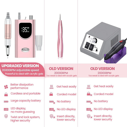 Delanie Professional Nail Drill High Torque 35000 RPM Rechargeable Portable Electric Nail File for Acrylic & Gel, High Speed, Low Heat, Low Vibration, Rose Gold - PuriLite