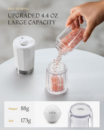 FORLIM 2-Speed Electric Salt and Pepper Grinder Set, 800mAh Rechargeable, Upgraded Auto-Reverse Clean After Stop, Pepper Shakes with White LED, Ceramic Grinding Core, Black & White