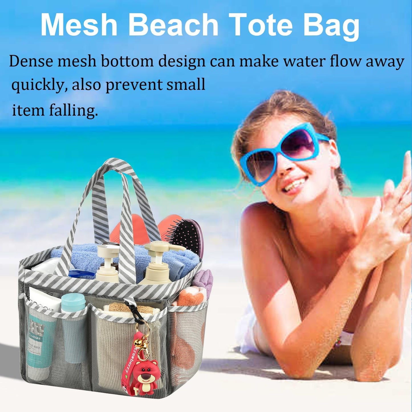 Mesh Shower Caddy Tote, Large College Dorm Bathroom Caddy Organizer with Key Hook and 2 Oxford Handles, Quick Hold, 8 Basket Pockets for Camp Gym