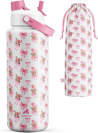 POWCAN 26 oz Insulated Water Bottle with 2-in-1 Straw and Spout Lid, Keep Cold 24H, Leak-Proof, Fits in Car Cup Holder, Stainless Steel Water Bottle for Sports, Travel, and School (Cotton Candy)