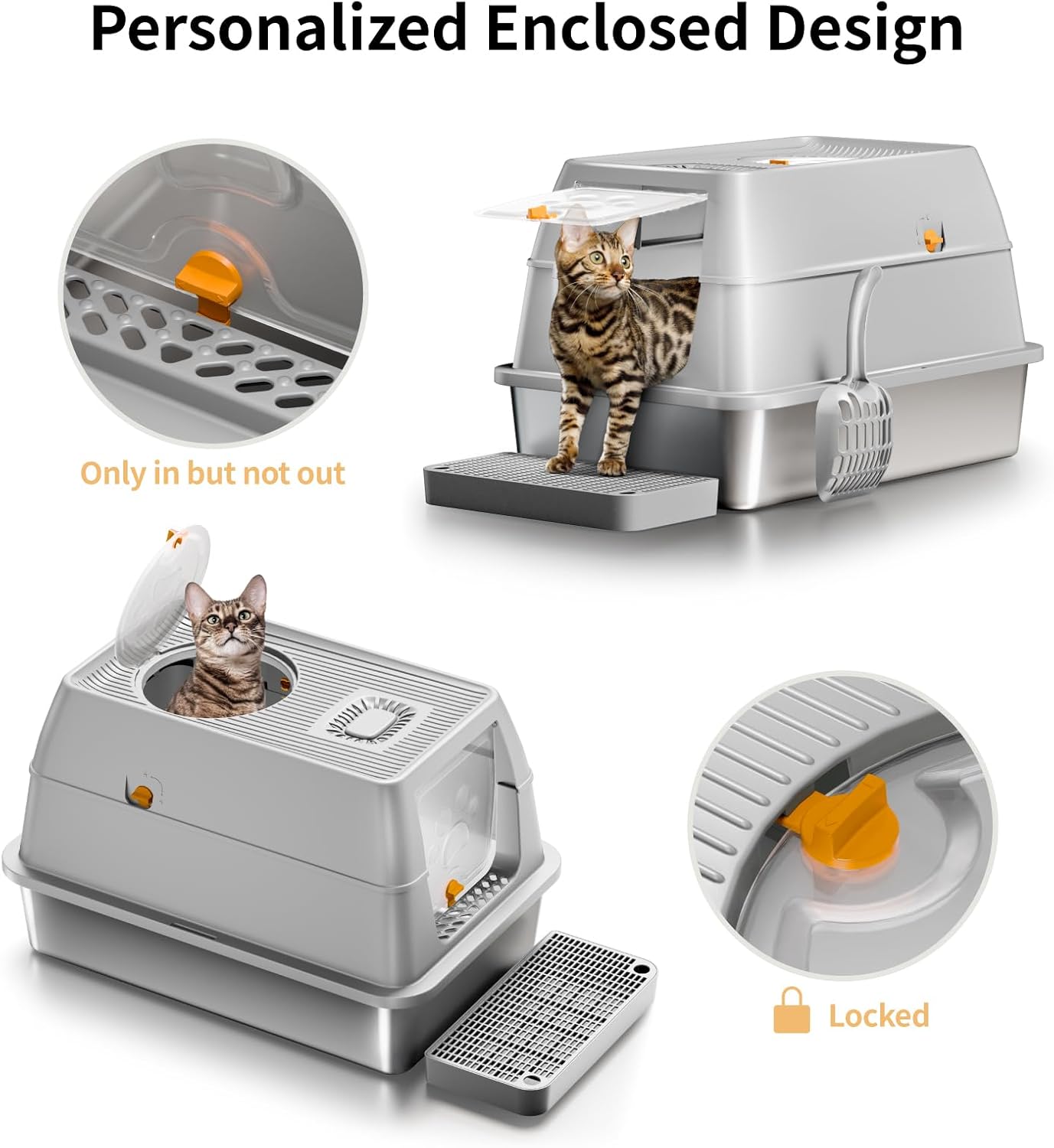 Eosarcu Stainless Steel Cat Litter Box with Lid, 180° Flip-Top XL Extra Large Enclosed Litter Box, Covered Metal High Sided Litter Pan with Steps & Scoop, Easy Cleaning, Odor Control,Non-Sticky-Black