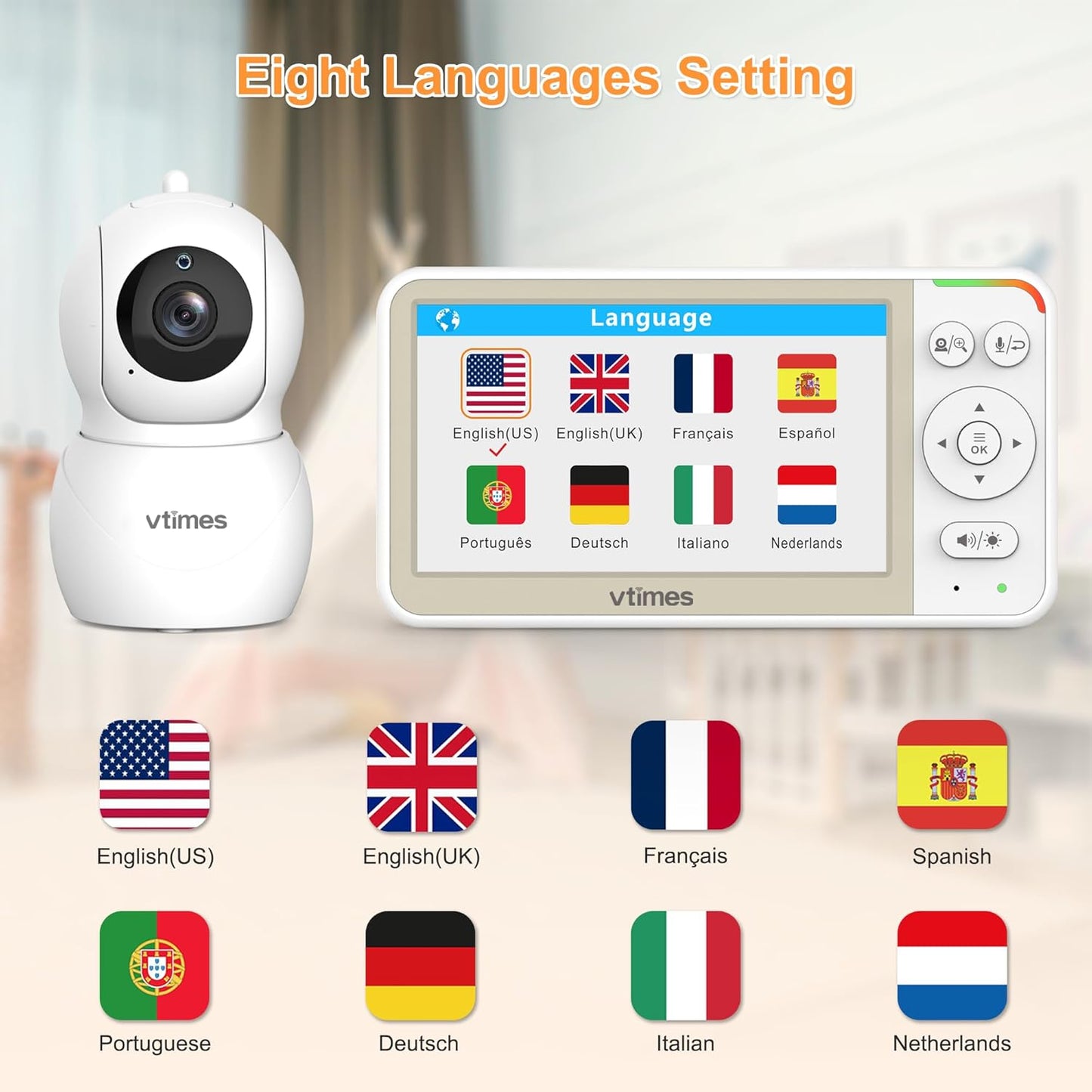 VTimes No WiFi Baby Monitor Camera & Auido, 5" Screen with 30Hr Battery Pan-Tilt-Zoom, VOX Mode, Two-Way Audio, Night Vision, 1000ft Long Range，Temperature Alert, Lullabies,French & English