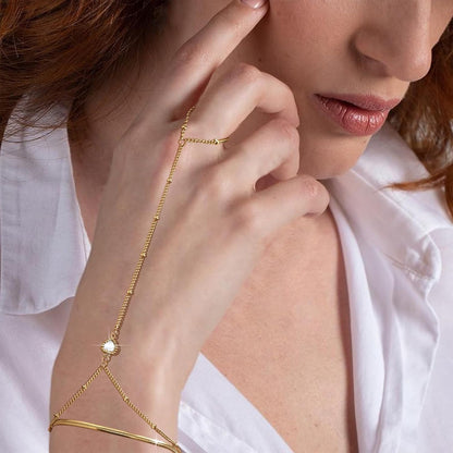 Hand Chain Ring Bracelet For Women, 14k Gold Plated Dainty Cubic Zirconia Minimalist Finger Ring Bracelet, Trendy Stuff Jewelry Gifts To Wife Girfriend Daughter Sister BBF, 17.5cm/7.5cm