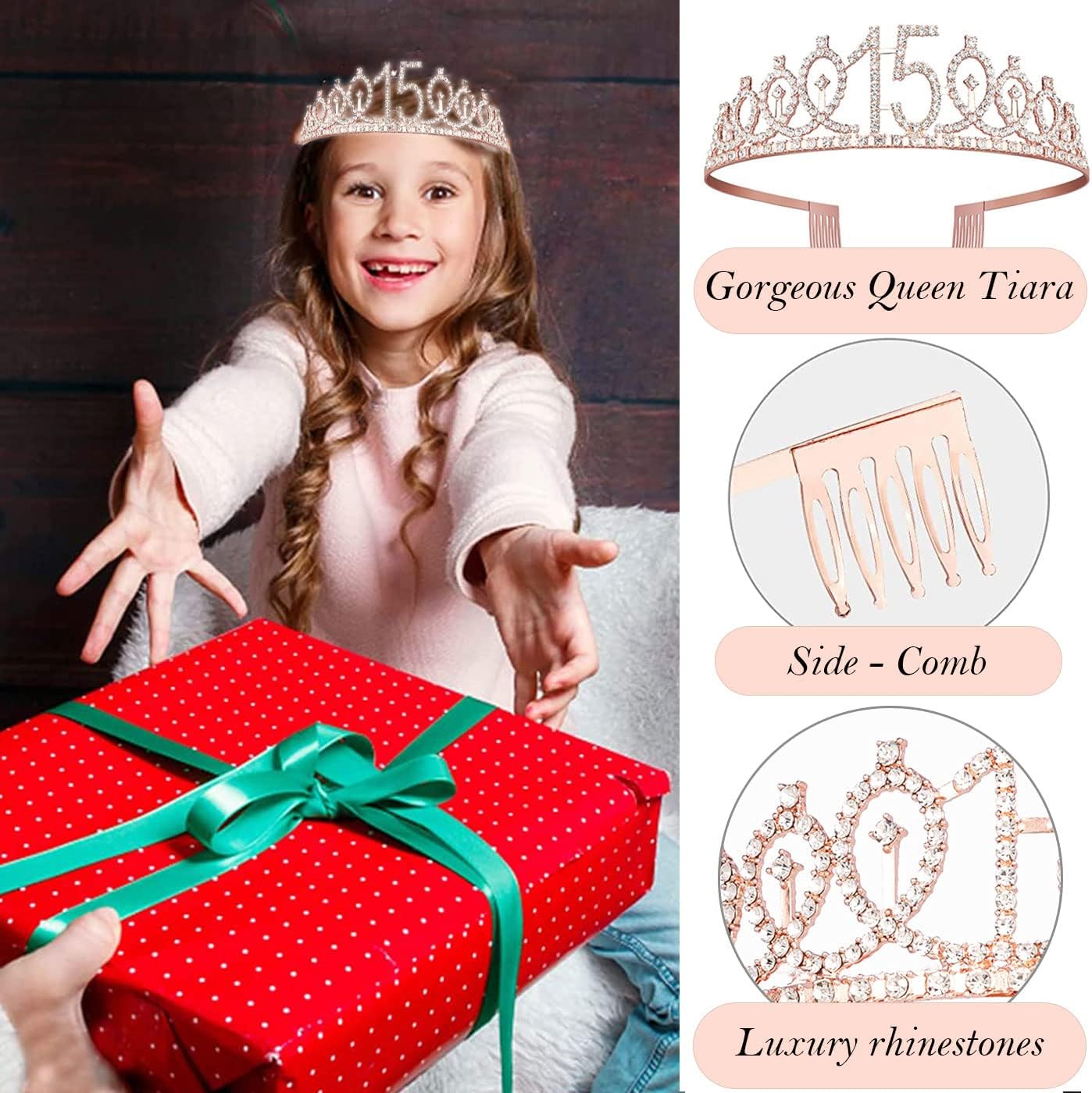8pcs 40th Birthday Decorations gifts for Women, Including 40th Happy Birthday Cake Topper, Queen Sash with Pearl Pin, Sweet Rhinestone Tiara Crown for Women, Number Candles and Balloons (Rose Gold)
