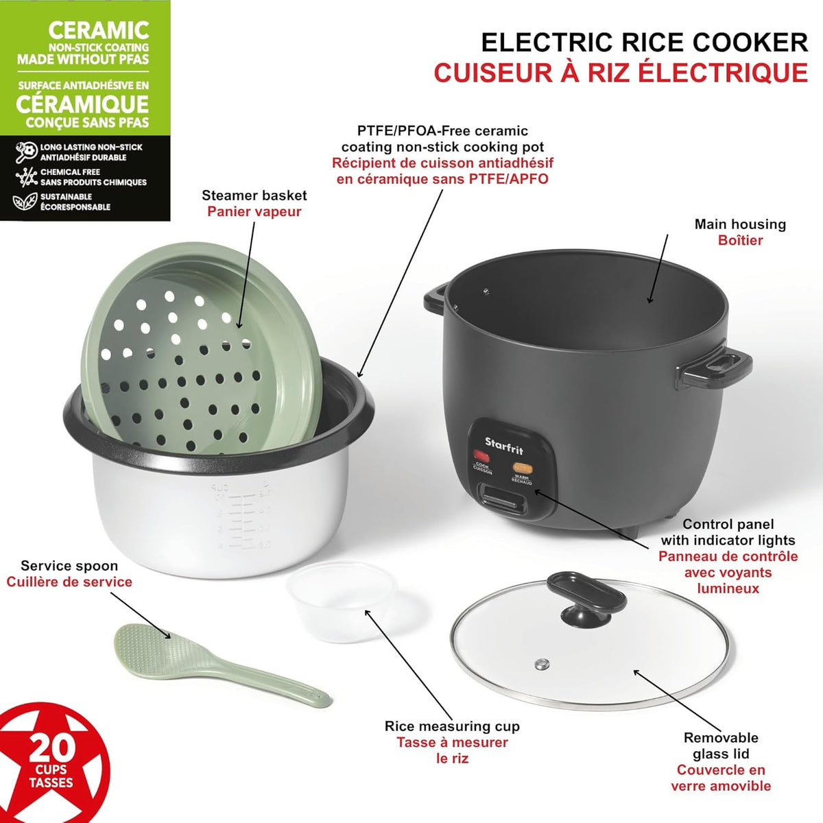 Starfrit Electric Rice Cooker, 20 Cups, PFAS-Free Ceramic, 700W, Grey