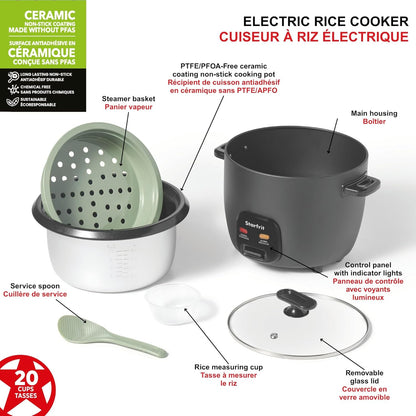 Starfrit Electric Rice Cooker, 20 Cups, PFAS-Free Ceramic, 700W, Grey