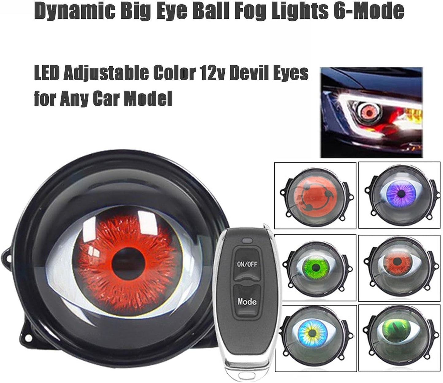 Dynamic Big Eye Ball Fog Lights, LED Adjustable Color 12v Devil Eyes with Lens Light Up Big Eyeball Lights for Car for Any Car Model (2Pcs) Lens Style