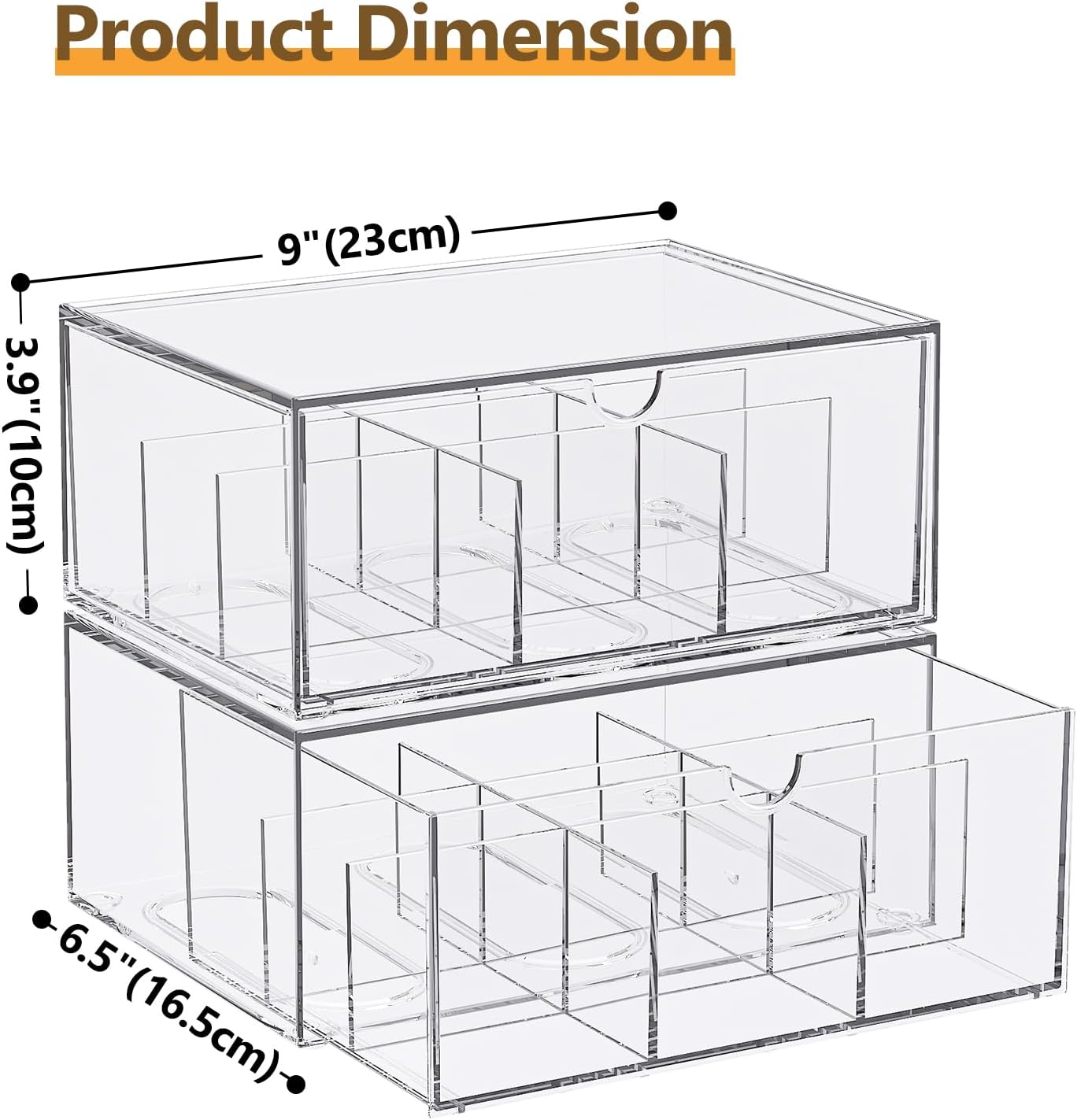 2 Pack Coffee Pod Storage Drawer, Stackable Tea Bag Organizer with Dividers, Acrylic Coffee and Tea Packet Holder, Clear Plastic Storage Bins for Kitchen Pantry, Countertop or Cabinet