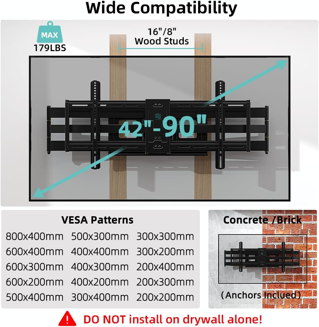 HCMOUNTING 40.9" Dual Articulating Long Arm TV Wall Mount for 42-90 inch TV, Heavy Duty Full Motion Swivel & Tilt & Extension Wall Mount TV Bracket, Holds up to 179 lbs, Max Vesa 800x400mm