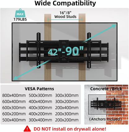 HCMOUNTING 40.9" Dual Articulating Long Arm TV Wall Mount for 42-90 inch TV, Heavy Duty Full Motion Swivel & Tilt & Extension Wall Mount TV Bracket, Holds up to 179 lbs, Max Vesa 800x400mm