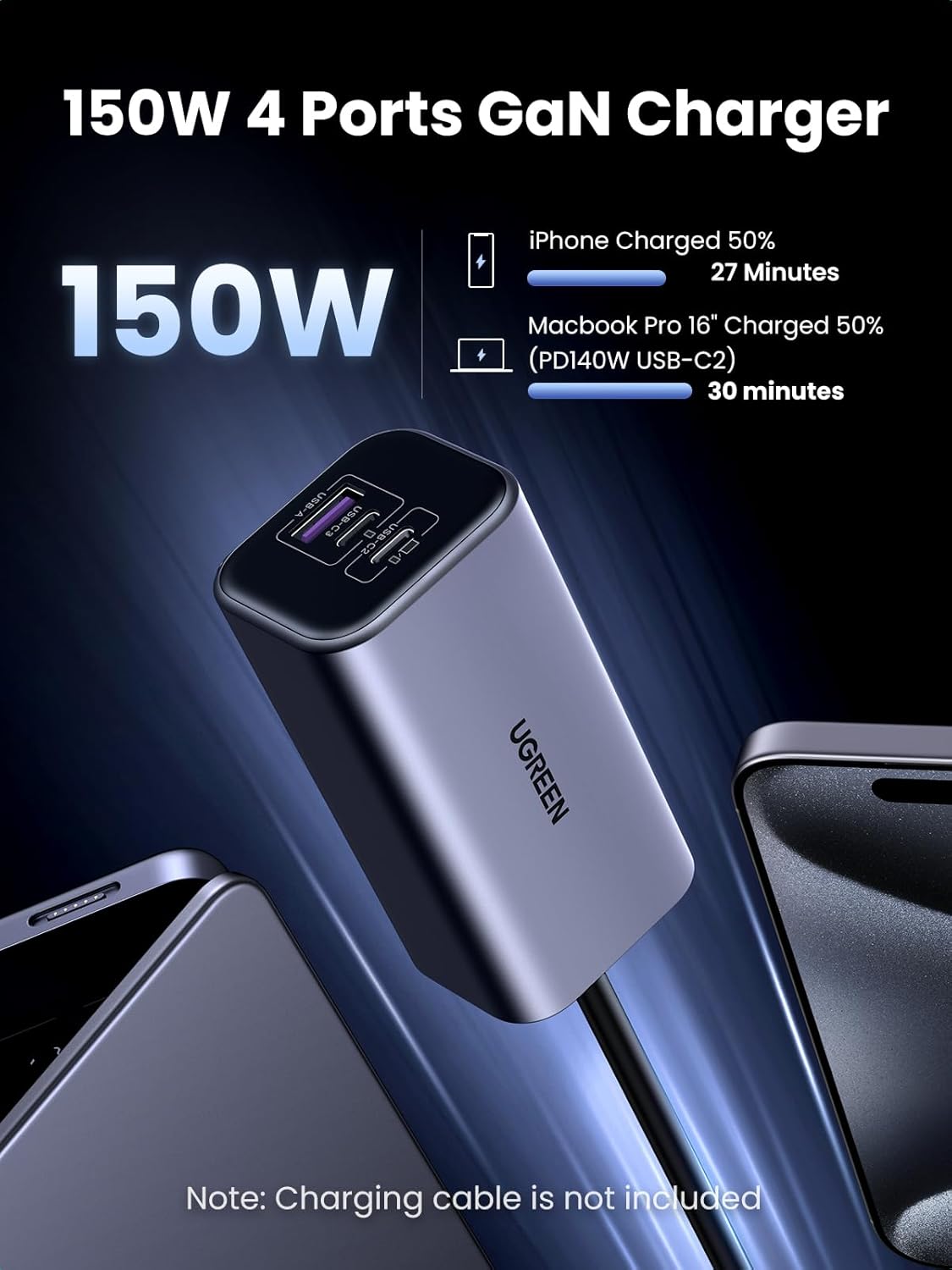 UGREEN 150W Car Charger, PD 3.1 140W USB C Fast Charger 4 Ports Fast Charging Car Adapter Compatible with Dell XPS, MacBook Air, iPad Pro, iPhone 16 15 Pro Max, Galaxy S25 S24 Ultra