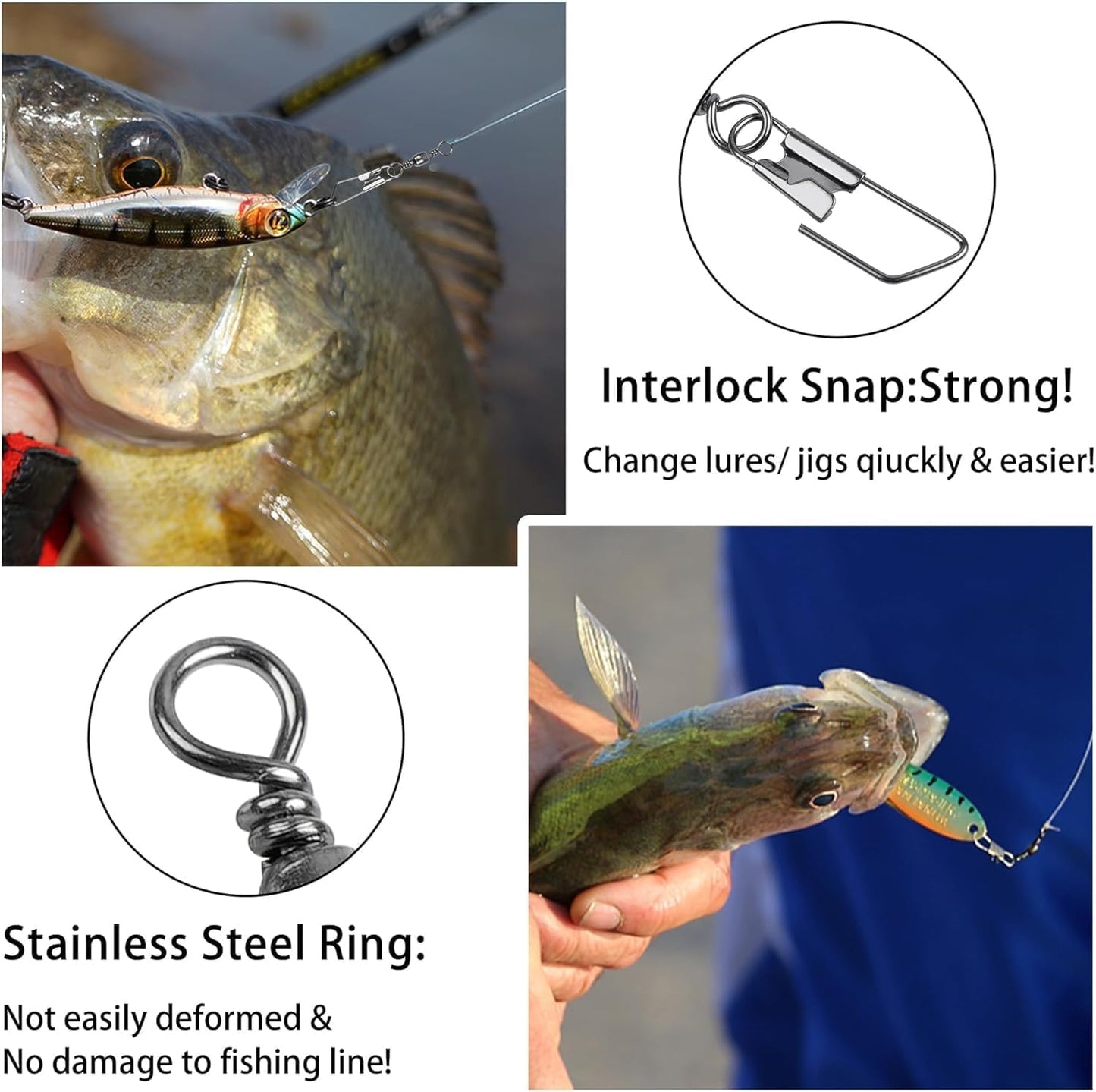 Fishing Swivel Snaps Kit Solid Barrel Swivel, 200Pcs Fishing Swivels Fishing Trout Fishing Swivels Carabiner Fishing Swivels,2# 4# 6# 8# 10#Fish Fishing Barrel Swivel with Safety Snap Interlock Snap