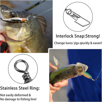 Fishing Swivel Snaps Kit Solid Barrel Swivel, 200Pcs Fishing Swivels Fishing Trout Fishing Swivels Carabiner Fishing Swivels,2# 4# 6# 8# 10#Fish Fishing Barrel Swivel with Safety Snap Interlock Snap