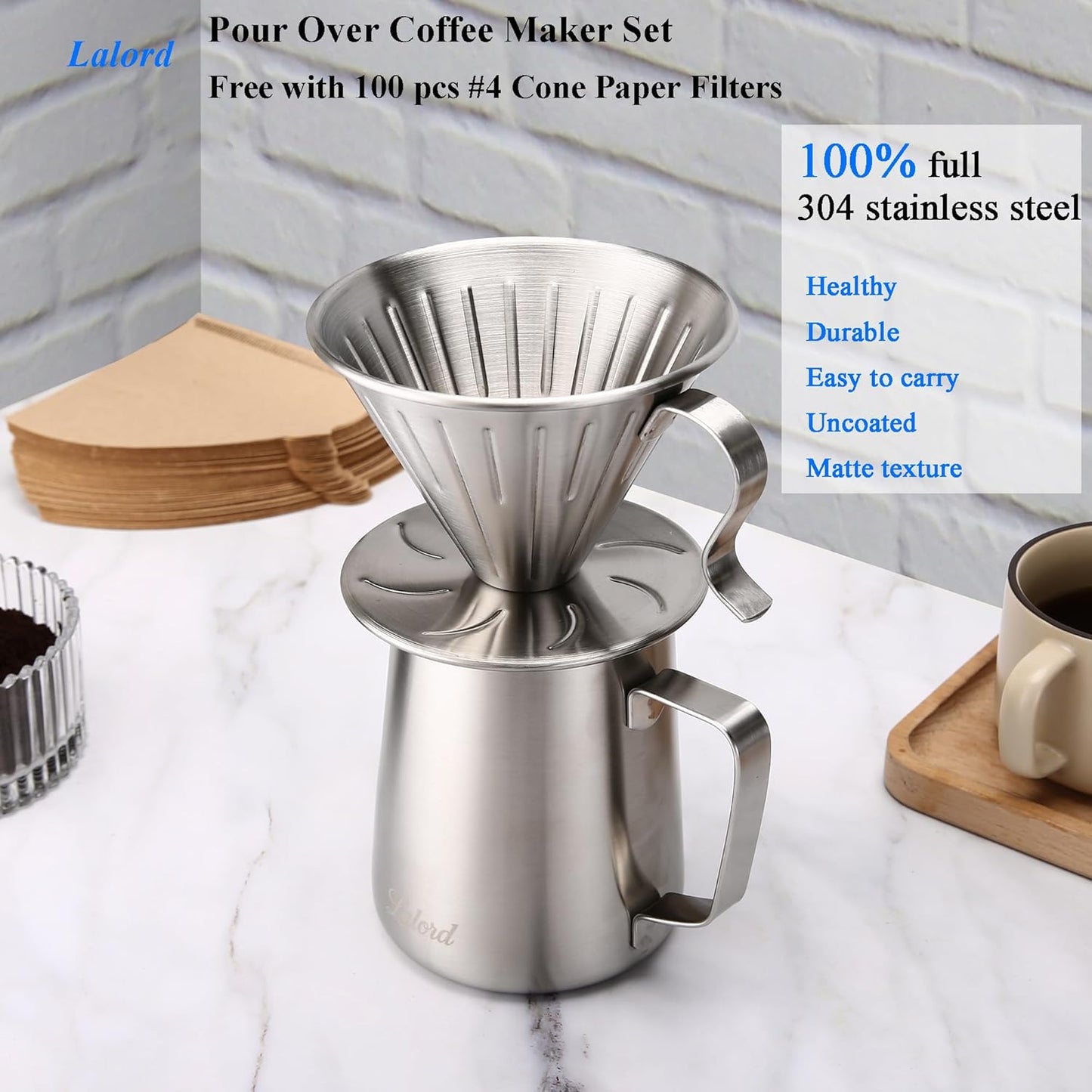 Lalord Pour Over Coffee Maker Set, 304 Stainless Steel wIth 100 pcs 02 Paper Filters & 600ml Milk Frothing Pitcher, for Home & Camping
