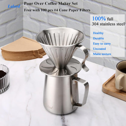Lalord Pour Over Coffee Maker Set, 304 Stainless Steel wIth 100 pcs 02 Paper Filters & 600ml Milk Frothing Pitcher, for Home & Camping