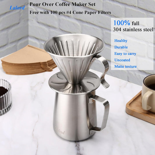 Lalord Pour Over Coffee Maker Set, 304 Stainless Steel wIth 100 pcs 02 Paper Filters & 600ml Milk Frothing Pitcher, for Home & Camping