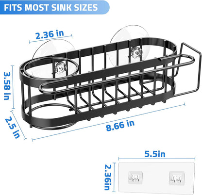 Cisily Kitchen Sink Caddy – Stainless Steel Sponge & Brush Holder, Multi-Functional Sink Organizer with Soap, Dish Cloth, and Sink Stopper Storage, Black - PuriLite
