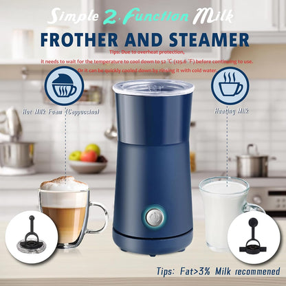 Huogary Milk Forther Simple Milk Frother and Milk Steamer 2 in 1 with Hot Milk Frother and Hot Milk for Milk, Macchiato, Cappuccinos (Blue)
