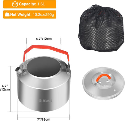 REDCAMP 1.6L Outdoor Camping Kettle, Lightweight Stainless Steel Water Pot with Carrying Bag, Compact Camp Tea Kettle Coffee Pot for Hiking Picnic Camping