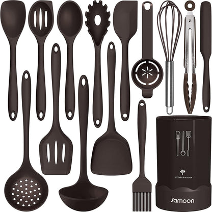 16-Piece Silicone Cooking Utensils Set, Heat-Resistant Kitchen Tools for Nonstick Cookware, Dishwasher Safe BPA-Free (Gray) - PuriLite