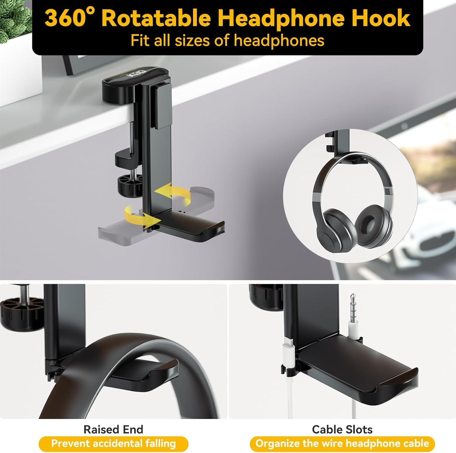 KDD 4-in-1 Desk Organizer with Rotating Headphone Hook, Detachable Storage for Cup, Phone, Pen – Under Desk Clamp Mount, Space-Saving Office & Gaming Accessory - PuriLite