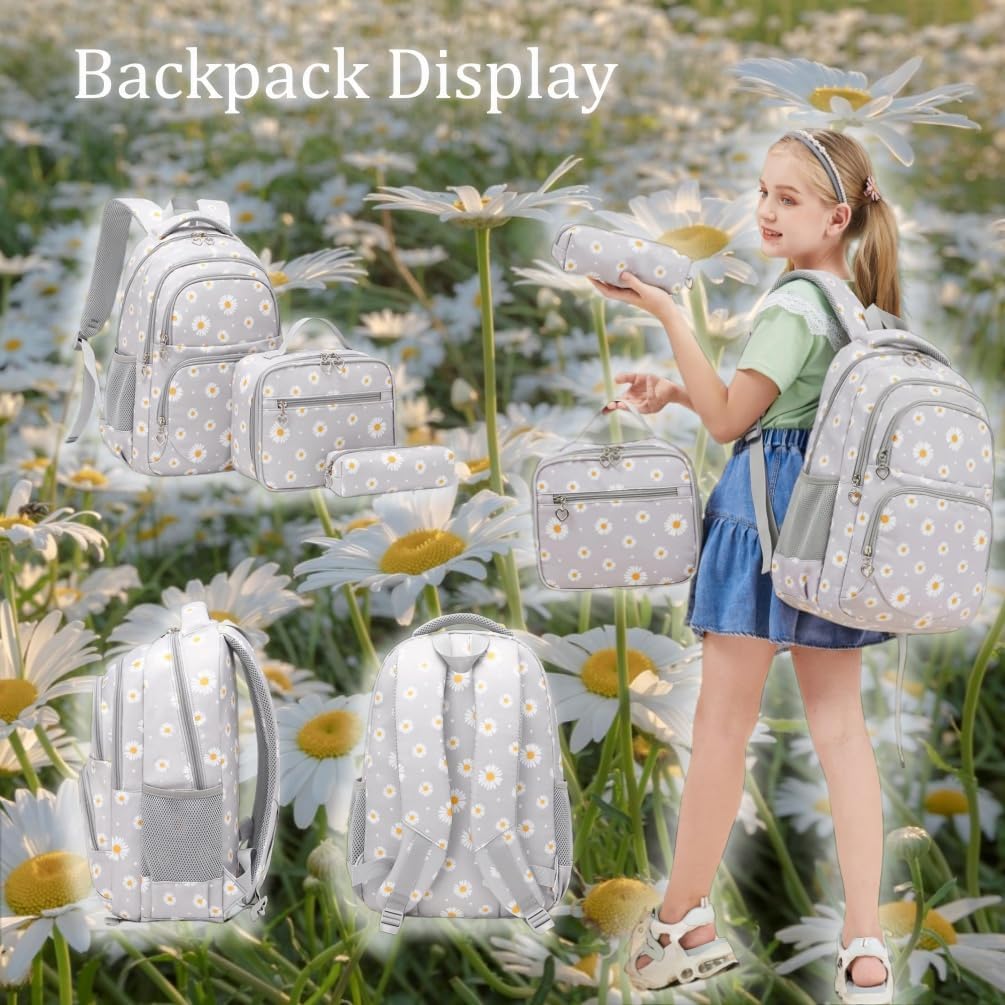 3Pcs Daisy Prints Backpack for Girls Bookbag set Primary School Daypack Elementary Students Knapsack with Lunch Box