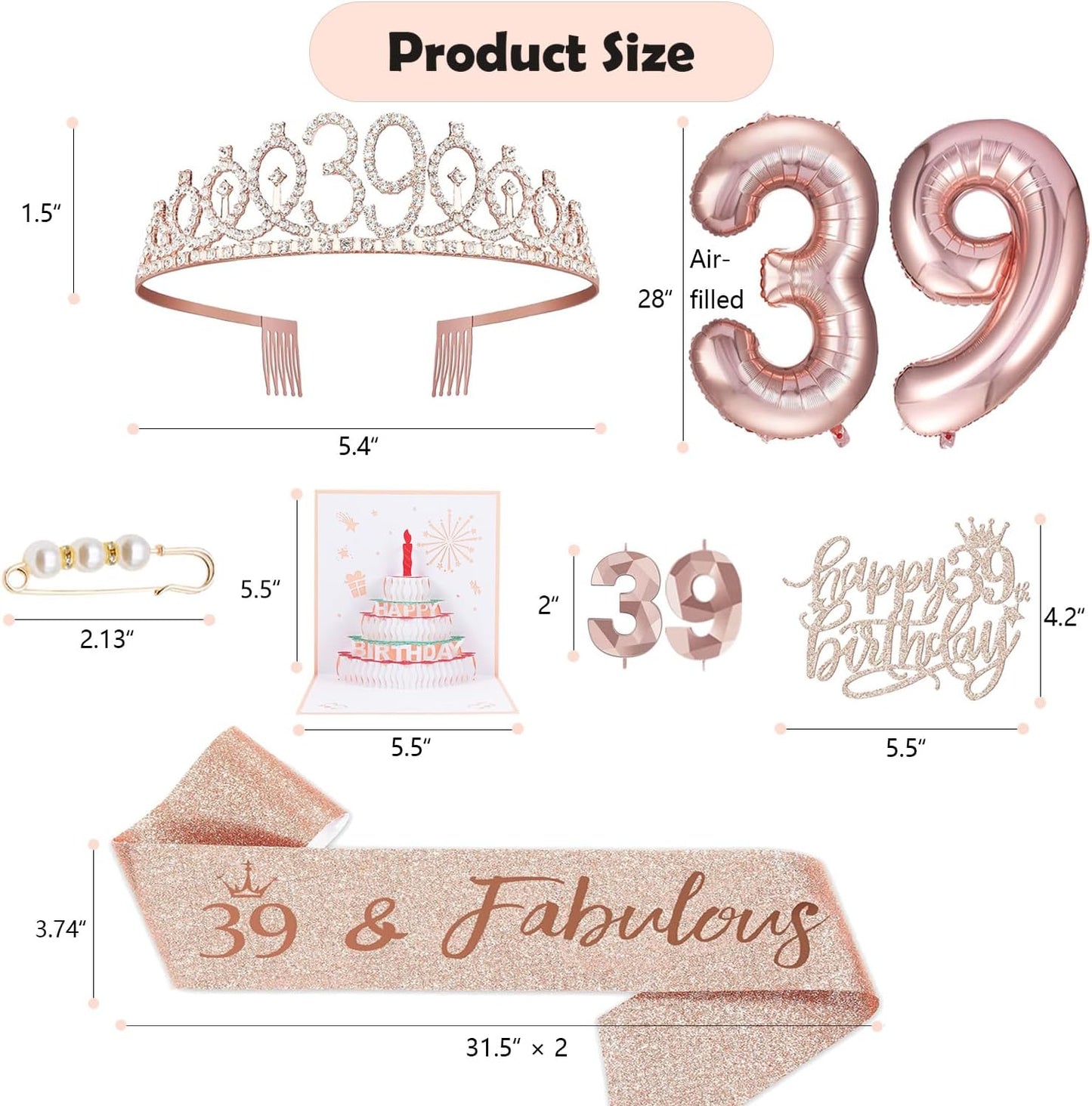 8pcs 40th Birthday Decorations gifts for Women, Including 40th Happy Birthday Cake Topper, Queen Sash with Pearl Pin, Sweet Rhinestone Tiara Crown for Women, Number Candles and Balloons (Rose Gold)