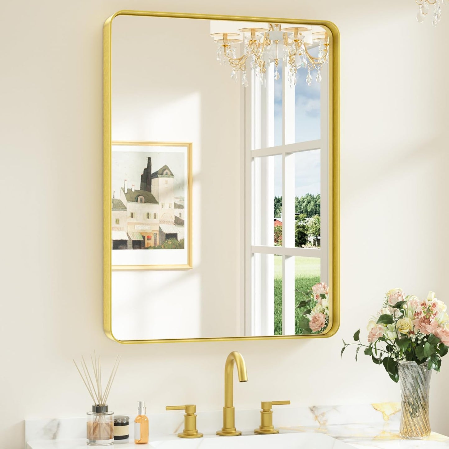 Keonjinn 42 x 36 Brushed Nickel Bathroom Vanity Mirror, Large Rounded Rectangle Bathroom Mirrors for over Sink, Metal Framed Silver Mirror for Wall, Shatterproof HD Tempered Glass(Horizontal/Vertical)