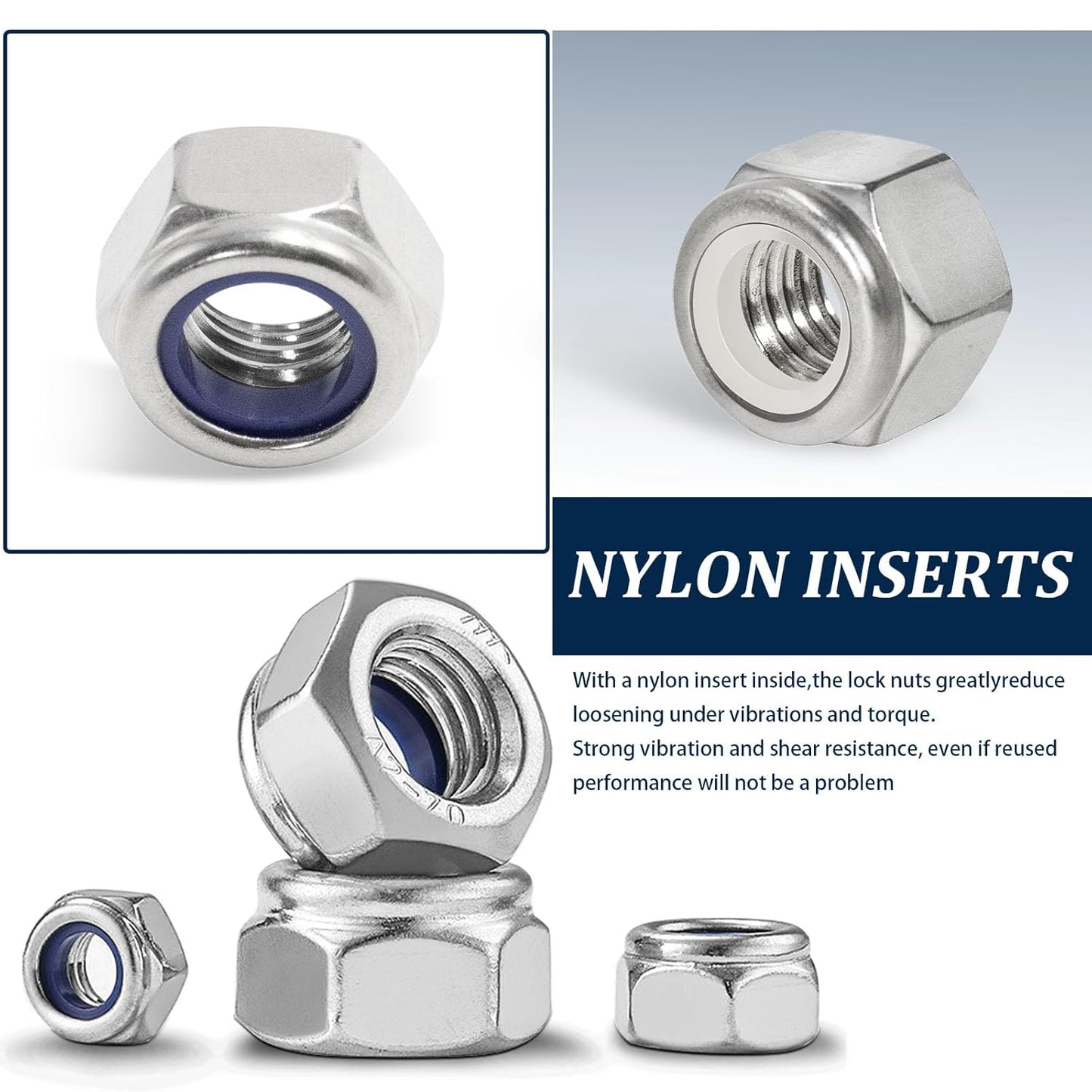 Vifmy 110 Pack 1/4"-20 Inch Lock Nuts,304 (A2-70) Stainless Steel Nylon Insert Locknuts,Standard Inch Thread Nylock Nuts for Bolts