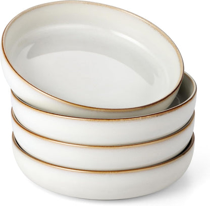 E-far Pasta Bowls Set of 4, 35oz Large Salad Bowls for Serving, Wide and Shallow Ceramic Bowls Plates for Pasta, Double Reactive Glaze, Microwave and Dishwasher Safe, Seashell White
