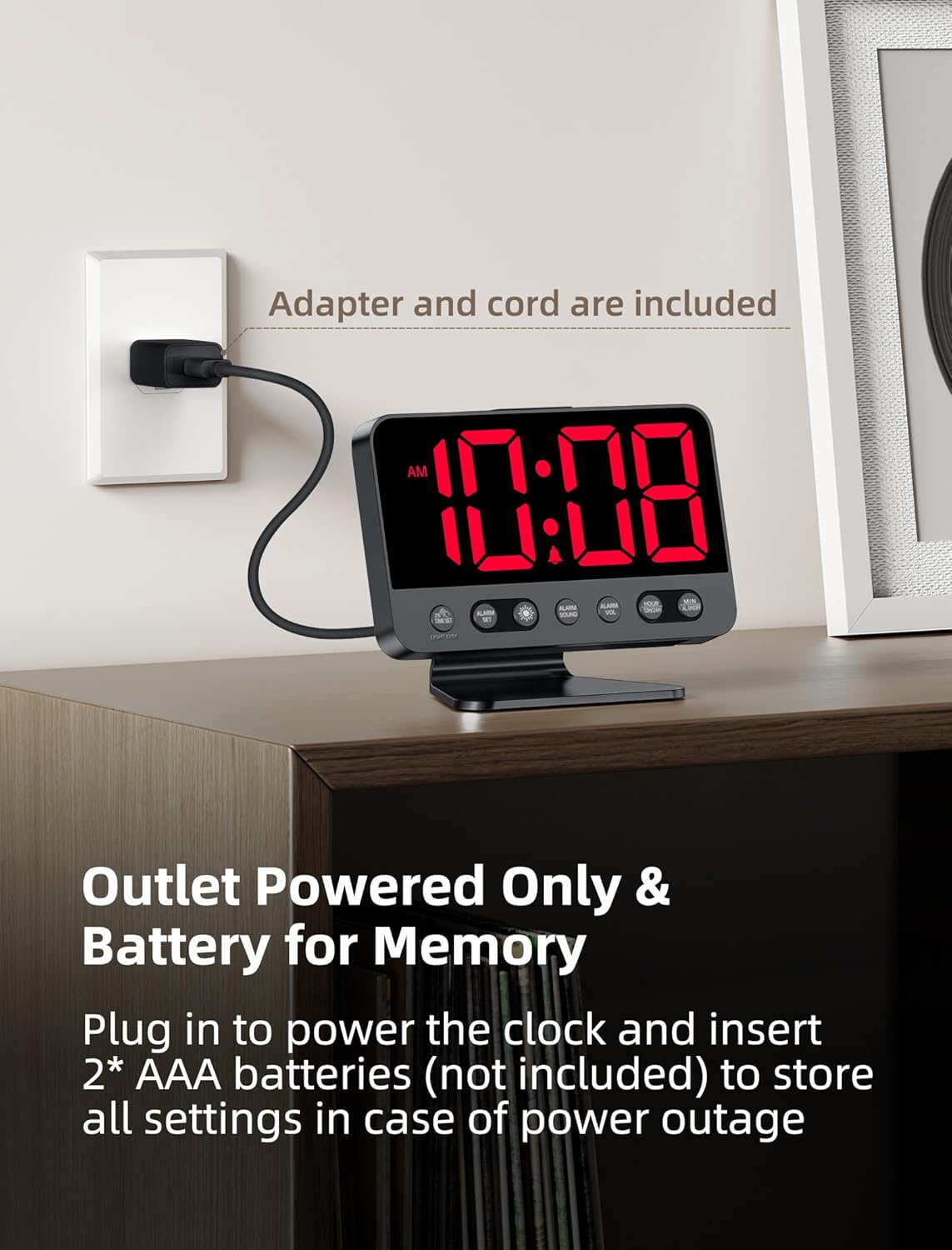 Odokee Digital Alarm Clocks for Bedrooms: Large Bold Number 5 Brightness Dimmer - Easy to Read Across The Room - 5 Alarm Sound 8 Night Light - Silver
