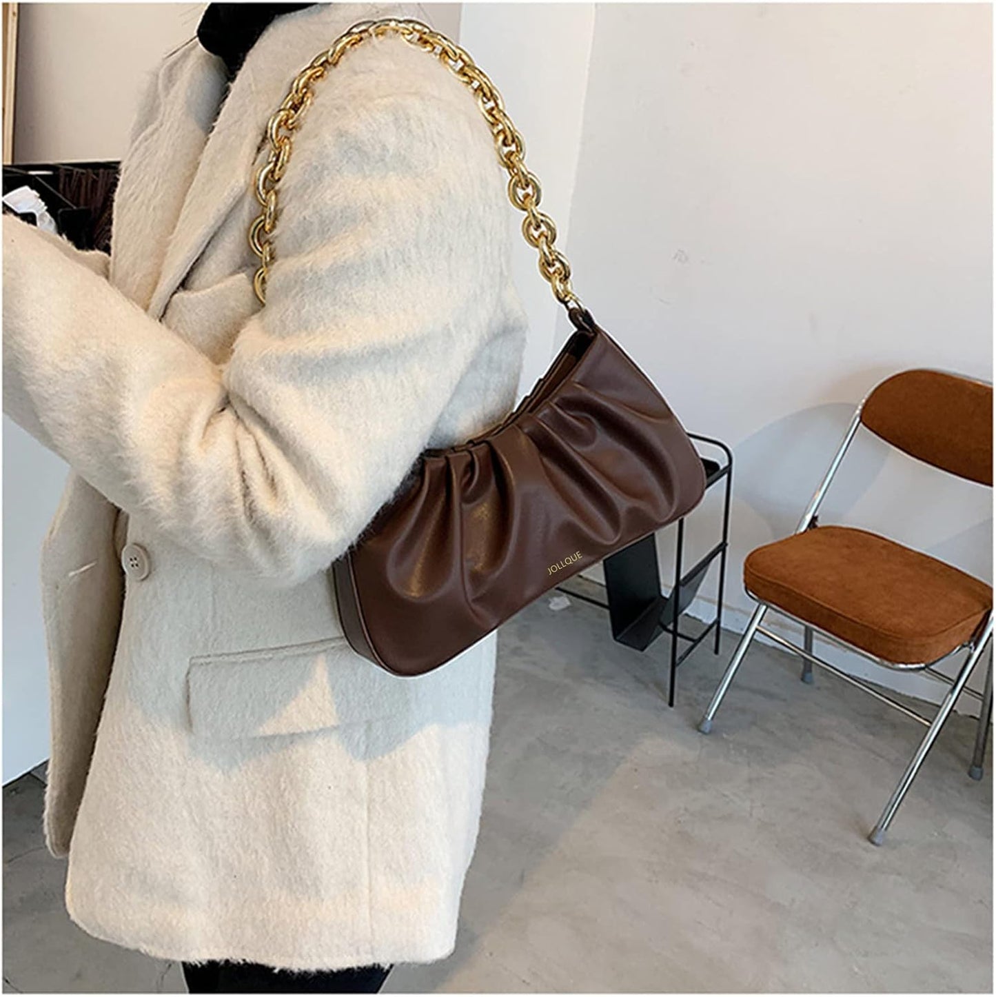 JOLLQUE Shoulder Bag for Women,Small Leather Handbag Purse,Gold Chain Evening Clutch