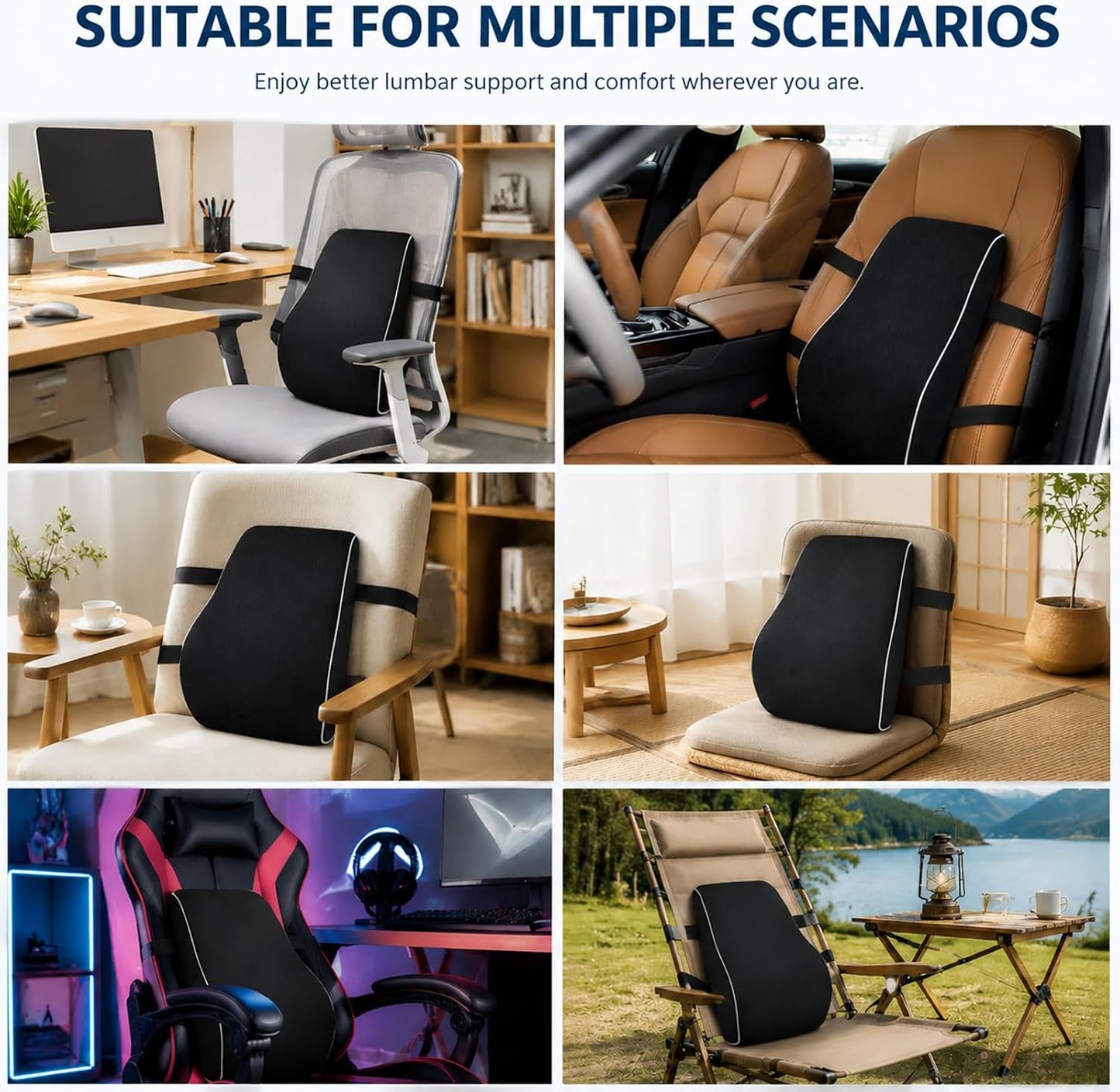 QUTOOL Lumbar Support Pillow for Office Chair, High-Density Memory Foam Back Cushion with Dual Adjustable Straps, Breathable 3D Mesh Cover, Ergonomic Back Support for Everyday Sitting
