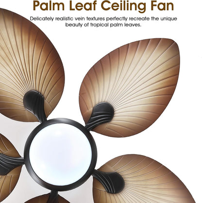 Wiviniya Ceiling Fans with Lights and Remote/APP Control, 44 Inch Tropical Palm Leaf Ceiling Fan with LED Lights, Outdoor Ceiling Fans for Patios Porch, Reversible Quiet Motor, Dimmable, Light Brown