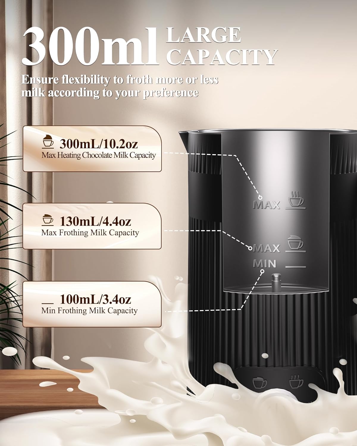 4 in 1 Electric Milk Frother: 10oz/350 mL Large Capacity Electric Milk Steamer for Hot and Cold Milk Froth - Automatic Milk Frother & Warmer for Latte, Cappuccinos, Macchiato, Hot Chocolate