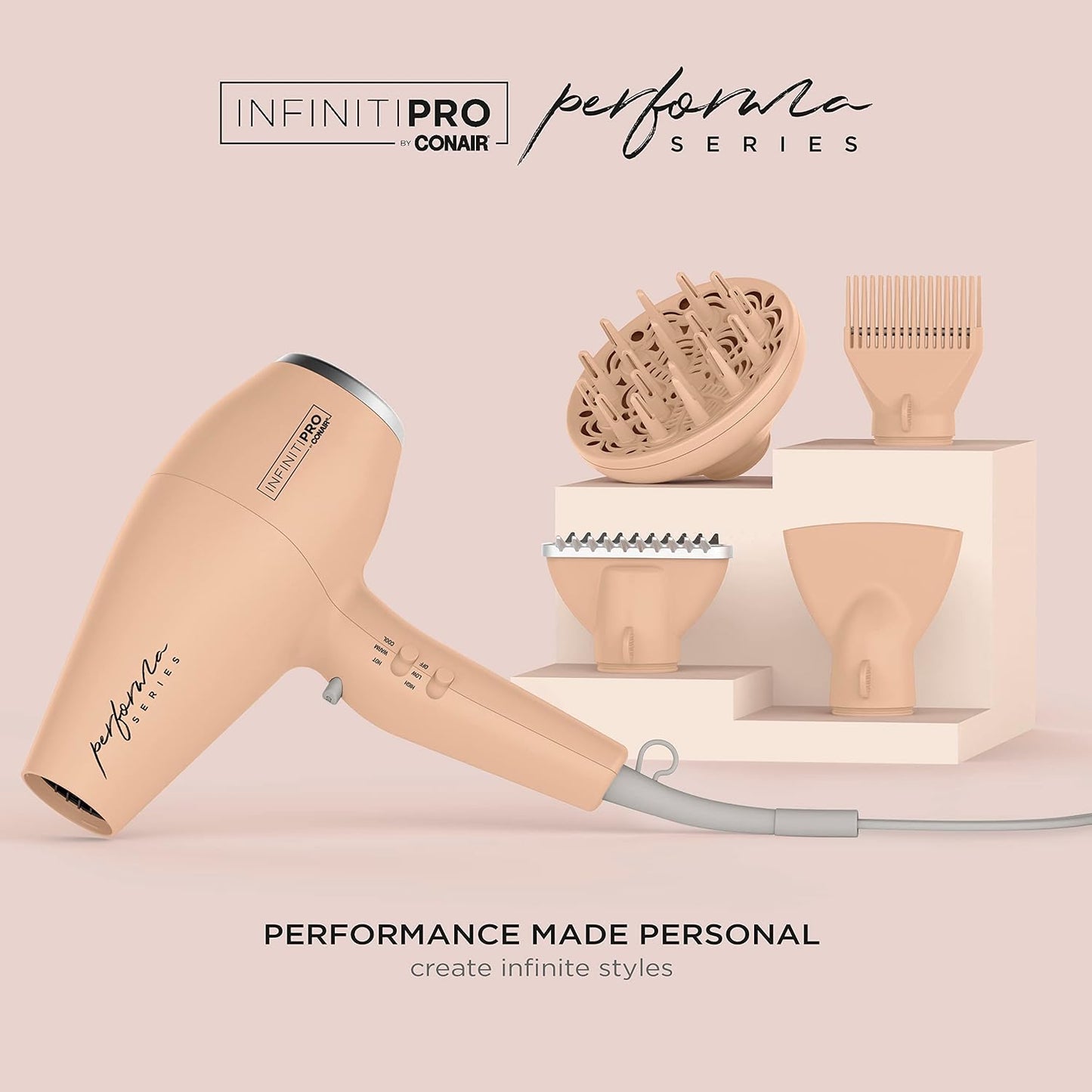 INFINITIPRO BY CONAIR Performa Series Hair Dryer with Diffuser plus 3 Other Attachments | Blow Dryer with Professional Performance Motor | Blush Pink | Great for travel