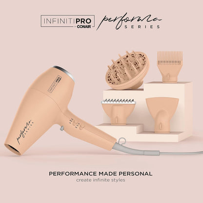 INFINITIPRO BY CONAIR Performa Series Hair Dryer with Diffuser plus 3 Other Attachments | Blow Dryer with Professional Performance Motor | Blush Pink | Great for travel