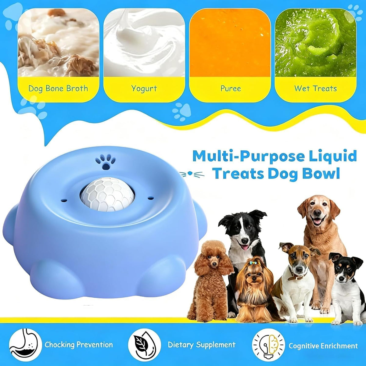 Slow Feeder Dog Bowls for Liquid Treat, 【Entertained Ball-in】 Bone Broth Dog Lick Bowl, 3/4 Cup Yogurt Pup Lick Toy for Large Medium Small Breeds Dietary Supplement/Post-op Nutrition