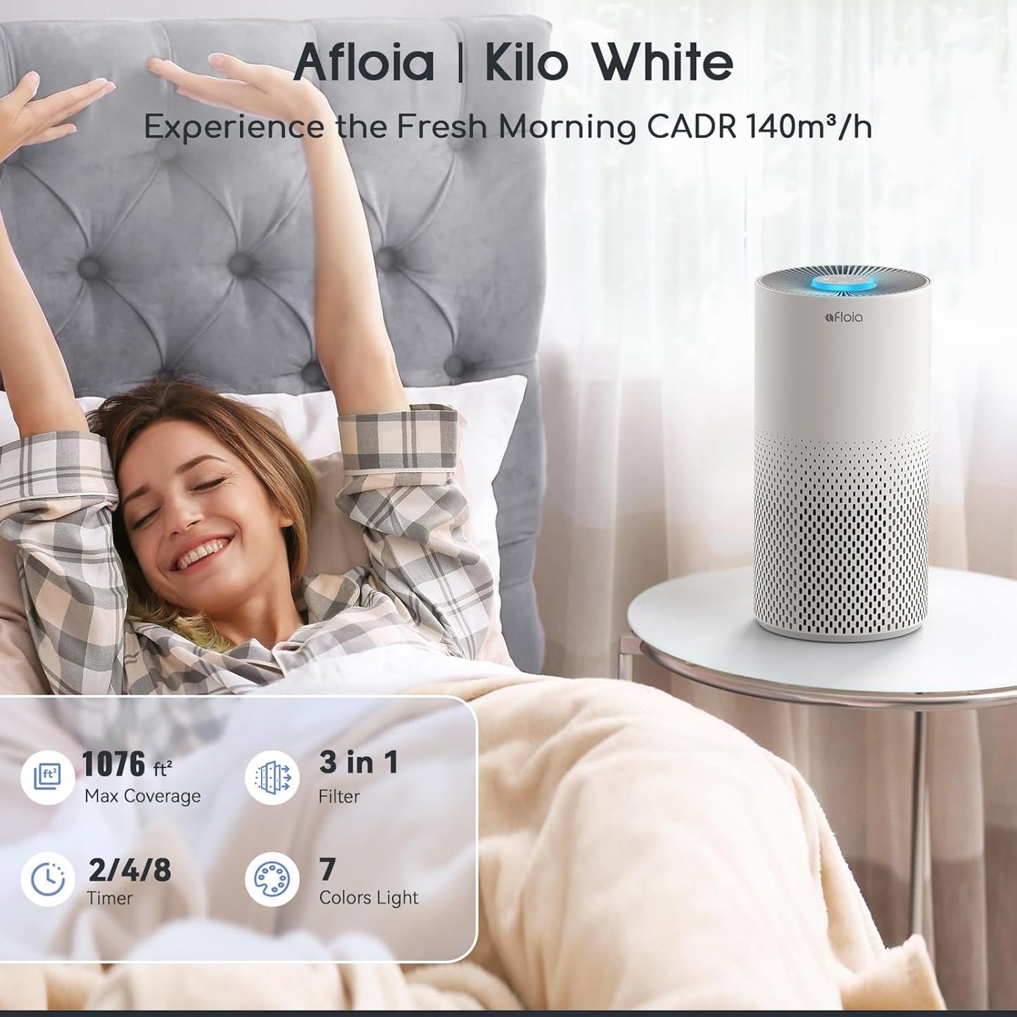 Afloia Air Purifiers for Bedroom Large Room Up to 1076 Ft², 3-Stage Air Filter for Home 22 dB, Air Cleaner for Pets Dust Dander Mold Pollen, Odor Smoke Eliminator, Kilo White, 7 Color Light