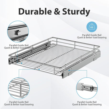 Pull Out Cabinet Organizer, Versatile Slide Out Kitchen Organizers and Storage, Heavy Duty Drawer Cupboard Storage Basket, Smooth Sliding, Chrome Finish (Outside Dimensions: 22.8”W x 21”D)
