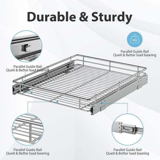 Pull Out Cabinet Organizer, Versatile Slide Out Kitchen Organizers and Storage, Heavy Duty Drawer Cupboard Storage Basket, Smooth Sliding, Chrome Finish (Outside Dimensions: 22.8”W x 21”D)