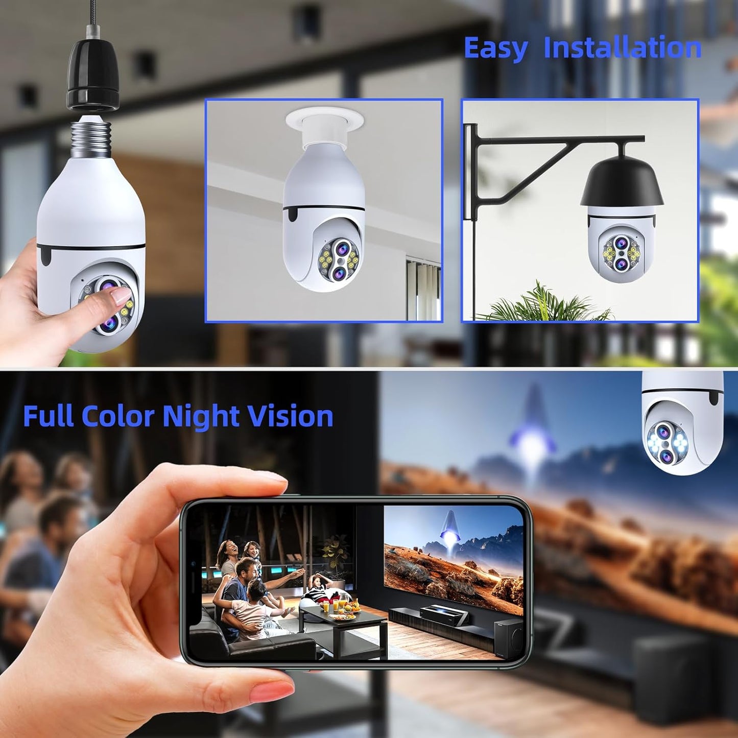 2Pack Light Bulb Security Camera, Dual Lens 10X Zoom 360° PTZ Outdoor Camera 2.4G Wi-Fi Color Night Vision Surveillance Camera with Two-Way Talk, Motion Tracking, Cloud Storage for Home Security