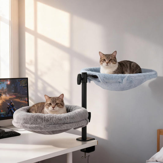 Odoland Cat Desk Bed, 2-in-1 Double Layer Bed with Adjustable Height | Indoor Cats Hammock with Replace Mattress Washable Fabrics for Cat
