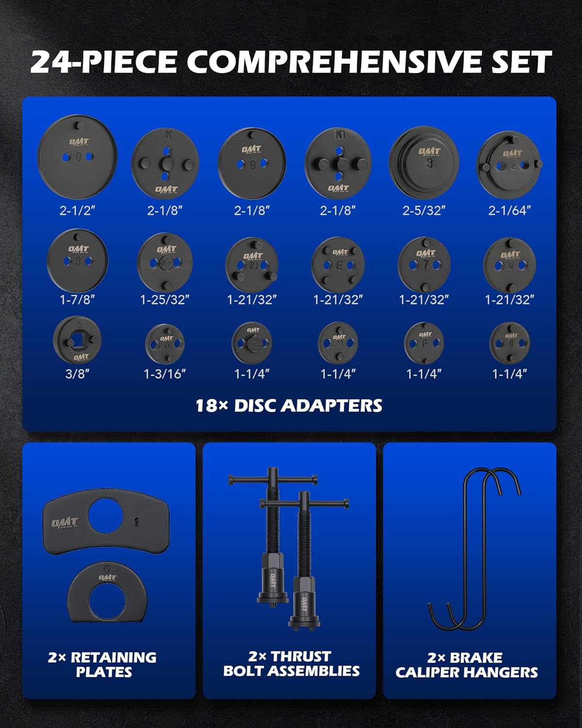 Orion Motor Tech 24pc Brake Caliper Compression Tool Set, Heavy Duty Brake Piston Compressor and Wind Back Tool Kit for Brake Pad Replacement, Universal Disc Brake Caliper Set with Blue Case