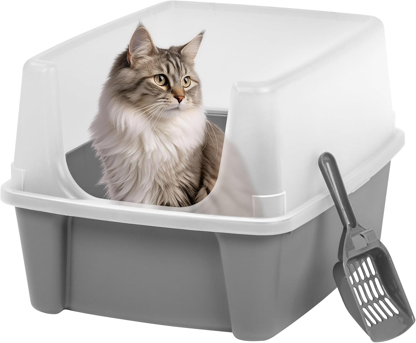 IRIS USA Top Entry Cat Litter Box with Scoop - Large - Stylish Enclosed Round Oval Kitty Dog Proof Box, Litiere Pour Chat Bac - White/Beige