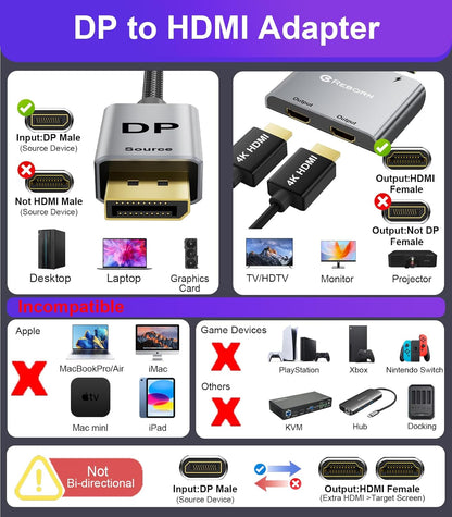 Reborn DisplayPort to Dual HDMI Adapter 4K@60Hz Display Port to 1 in 2 Out Splitter for Dual Monitor Extended Display, DP Source to 2 Adapter with PC, Graphics Card, HP and More