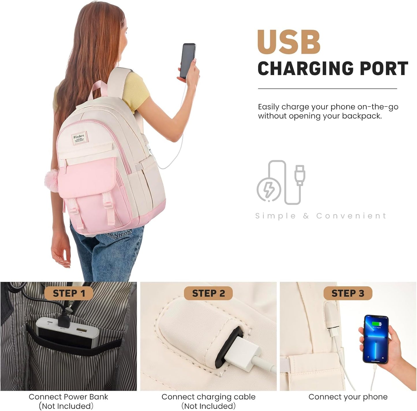 WINDARS School Backpack for Teen Girls, Cute College Backpacks for Women Students Aesthetic Bookbag Large 15.6 Inch Laptop Bag Middle School Travel Back Pack (Khaki Beige)