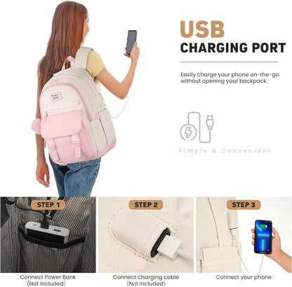 WINDARS School Backpack for Teen Girls, Cute College Backpacks for Women Students Aesthetic Bookbag Large 15.6 Inch Laptop Bag Middle School Travel Back Pack (Khaki Beige)