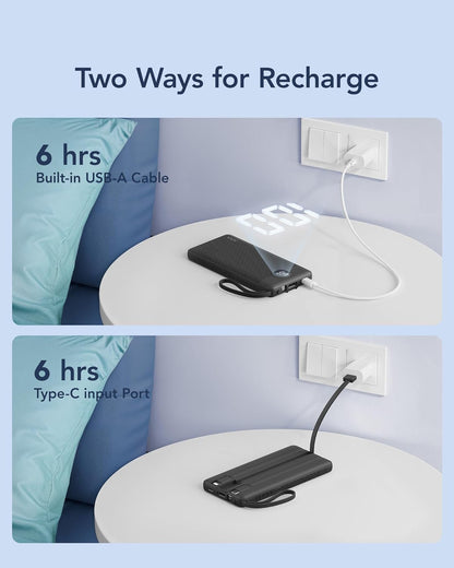 VRURC 10000mAh Power Bank Built-in Cables, Portable Charger with LED Display, Slim Intelligent Travel Battery Pack with Cords, 5 Output Dual Input Phone Charger for Cell Phone Smart Devcies-Blue