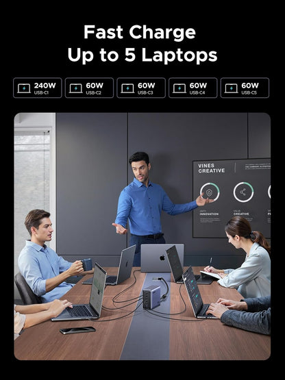 UGREEN Nexode 500W GaN Fast Charging Station 240W Single Port, 6 Ports USB-C and USB-A, Smart Temperature Control, Space-Saving Design, for MacBook, XPS, Laptop, Phone, and More